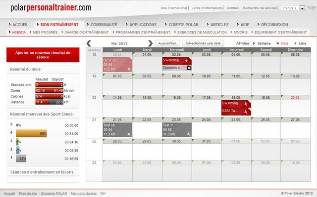 Agenda PolarPersonaltrainer : en rouge les sorties effectuées, en gris les sorties prévues Agenda PolarPersonaltrainer : en rouge les sorties effectuées, en gris les sorties prévues