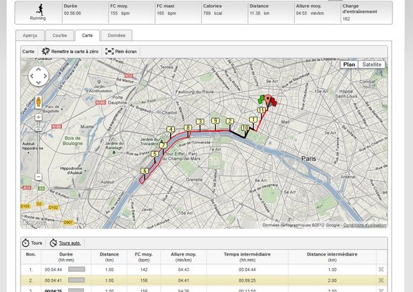 PolarPersonaltrainer : plan du parcours avec les tours intermédiaires PolarPersonaltrainer : plan du parcours avec les tours intermédiaires